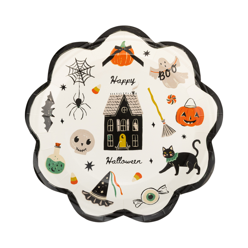 Clean product shot of a single unwrapped scalloped plate on white background. Full illustration detail: cream ground, black scalloped border, haunted house center, all icons clearly visible in a scattered layout. "Happy" in script above house, "Halloween" in script below.