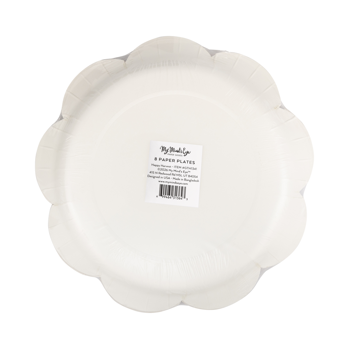 Back of a paper plate with 'My Mind's Eye' branding on clear packaging