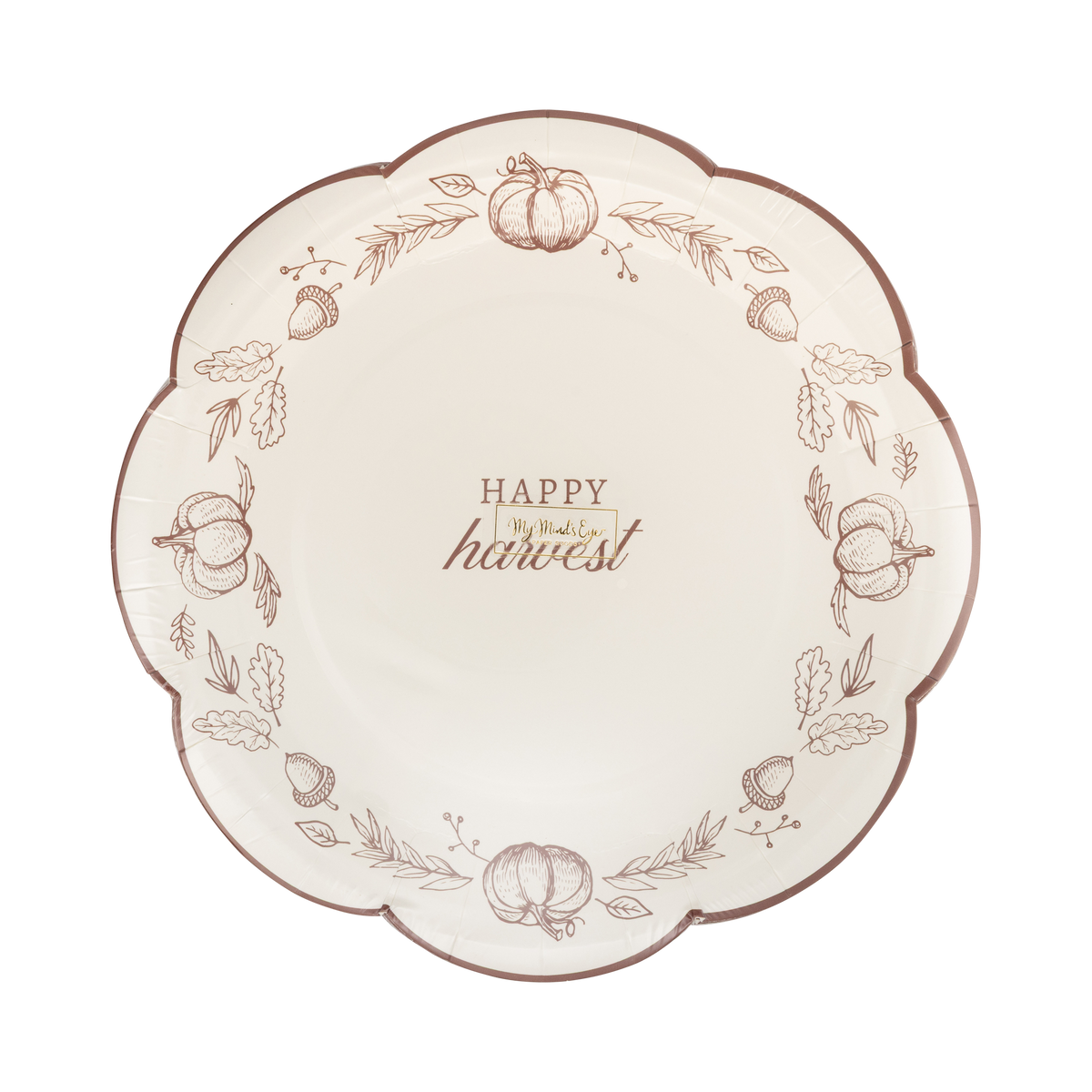 Stack of 8 Happy Harvest plates on a transparent wrap.