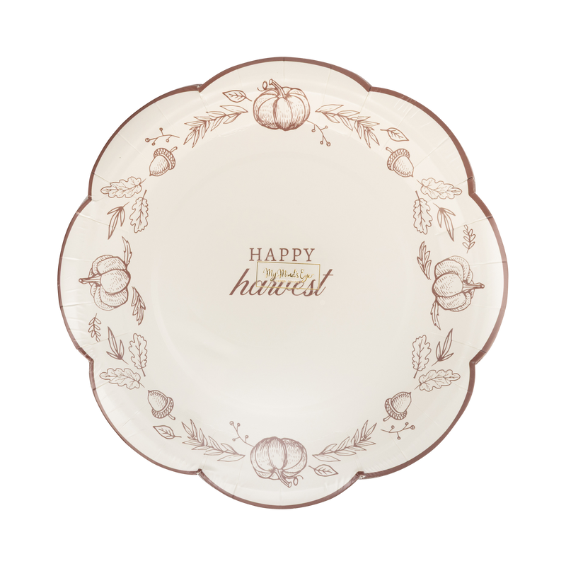 Stack of 8 Happy Harvest plates on a transparent wrap.