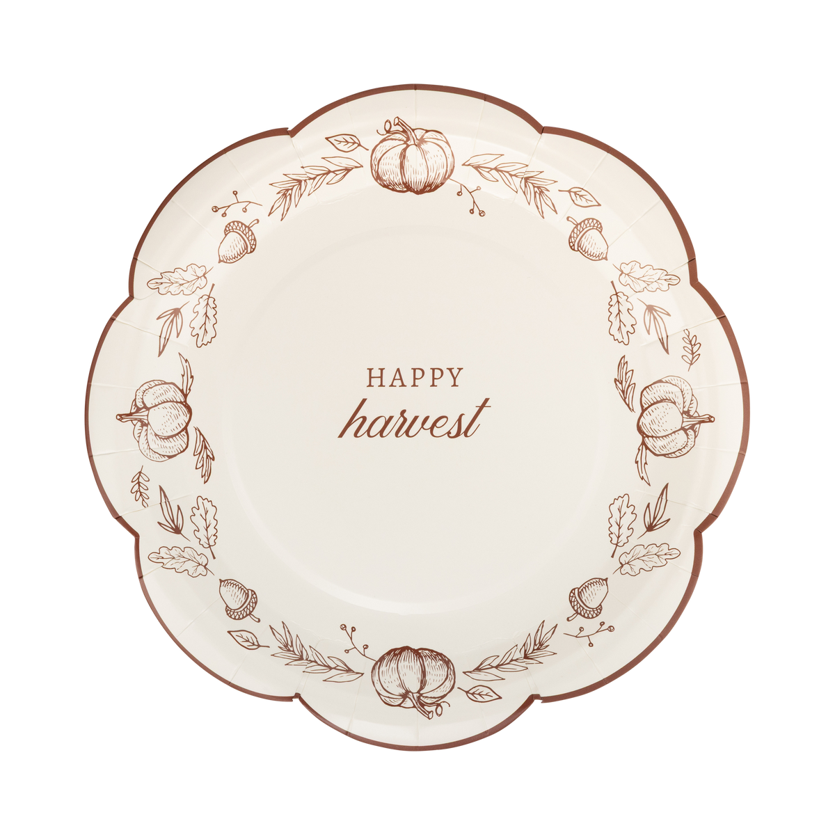 Cream paper plate with a brown "HAPPY HARVEST" text and autumnal designs, front view.