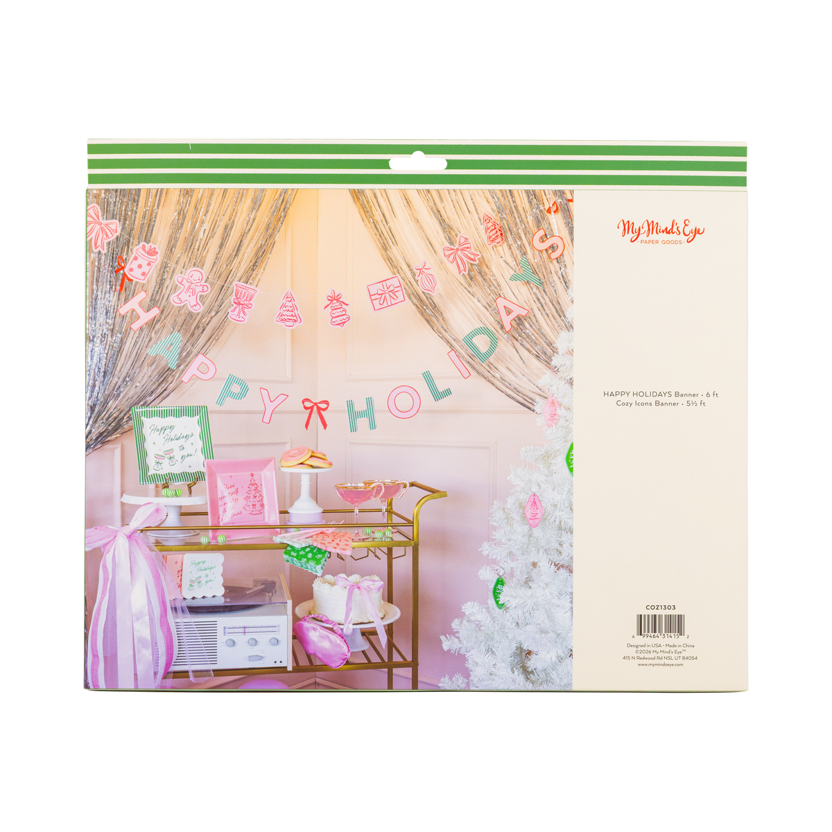 Back of the Happy Holidays banner set packaging showing product details and barcode