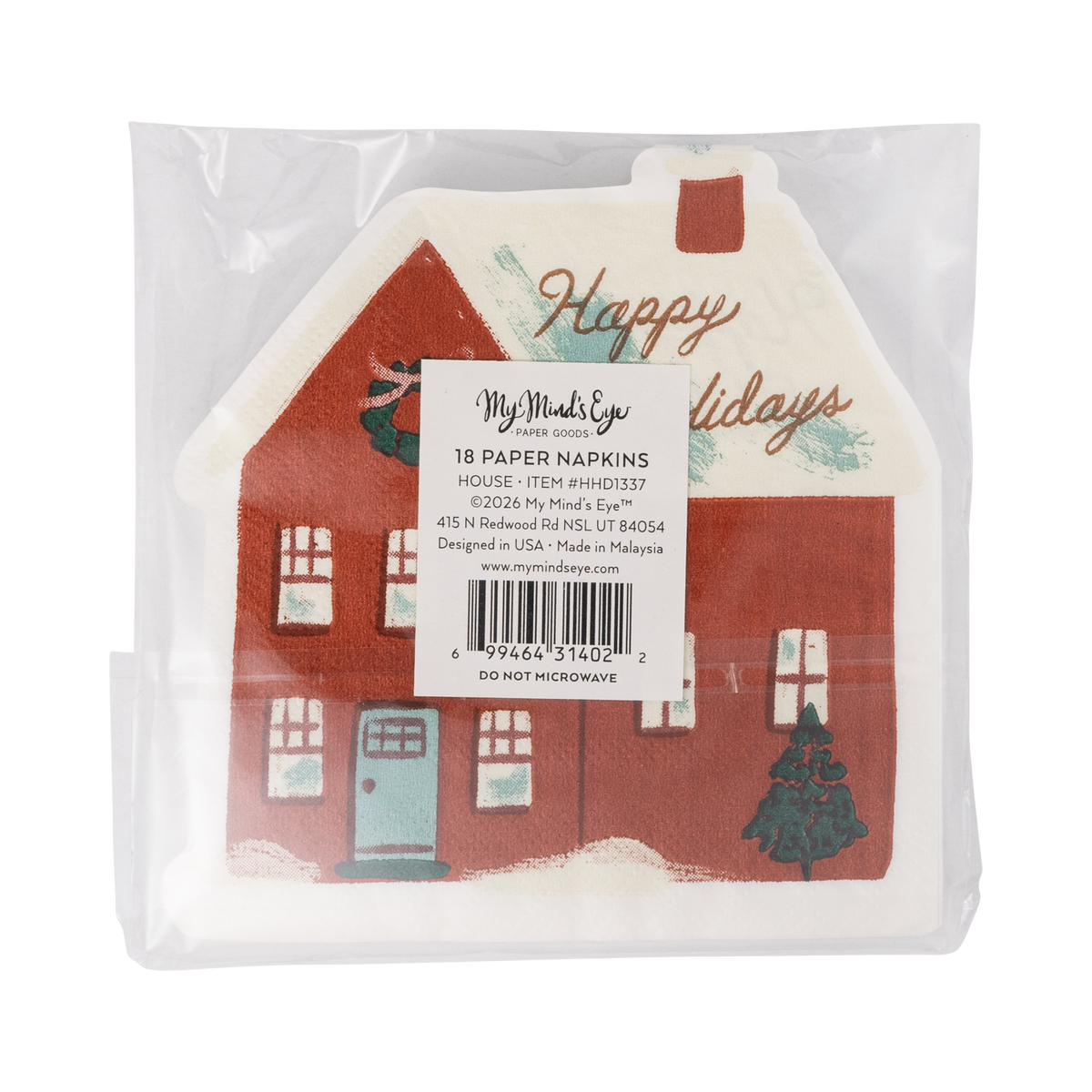 Happy Holidays house-shaped napkins in packaging with header card