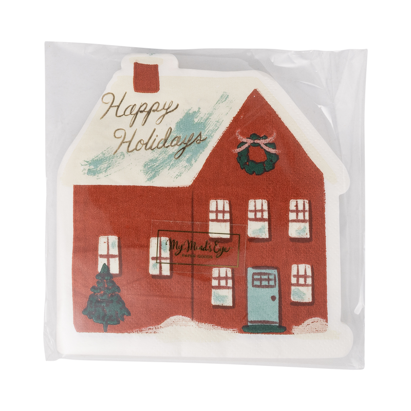 Happy Holidays house-shaped napkins in retail packaging