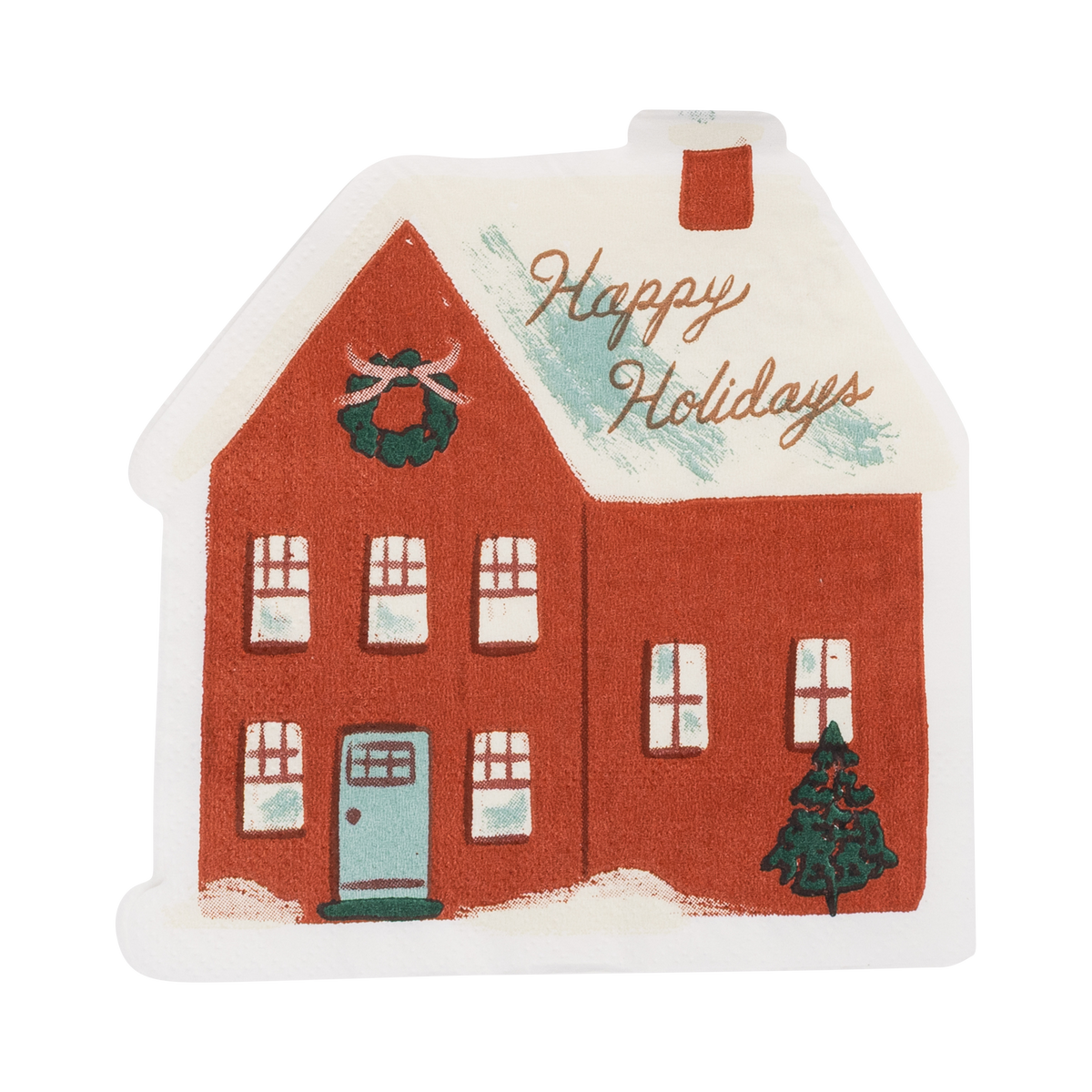 Happy Holidays red house-shaped paper napkin shown at an angle