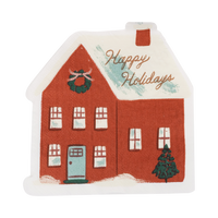 Happy Holidays red house-shaped paper napkin shown at an angle