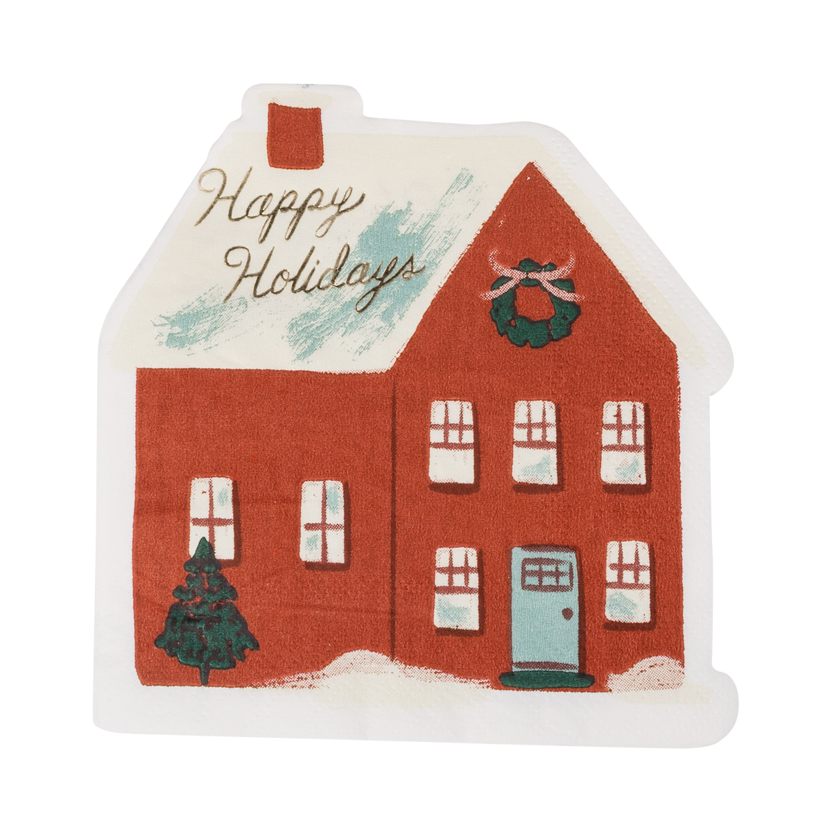 Happy Holidays red house-shaped paper napkin with colorful accents and gold foil