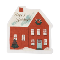 Happy Holidays red house-shaped paper napkin with colorful accents and gold foil