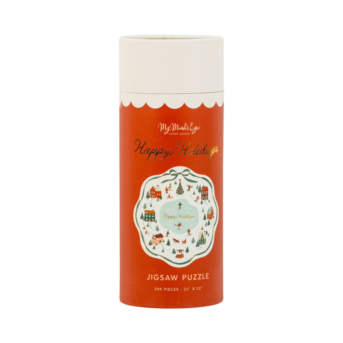 Happy Holidays 298 piece jigsaw puzzle tube with a colorful ice skating illustration