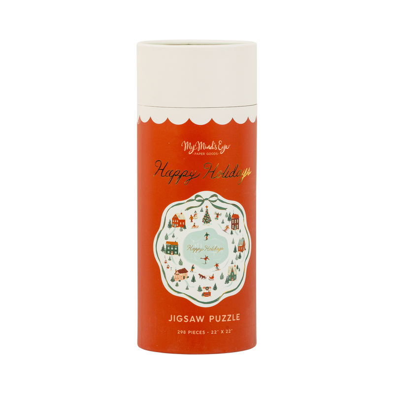 Happy Holidays 298 piece jigsaw puzzle tube with a colorful ice skating illustration