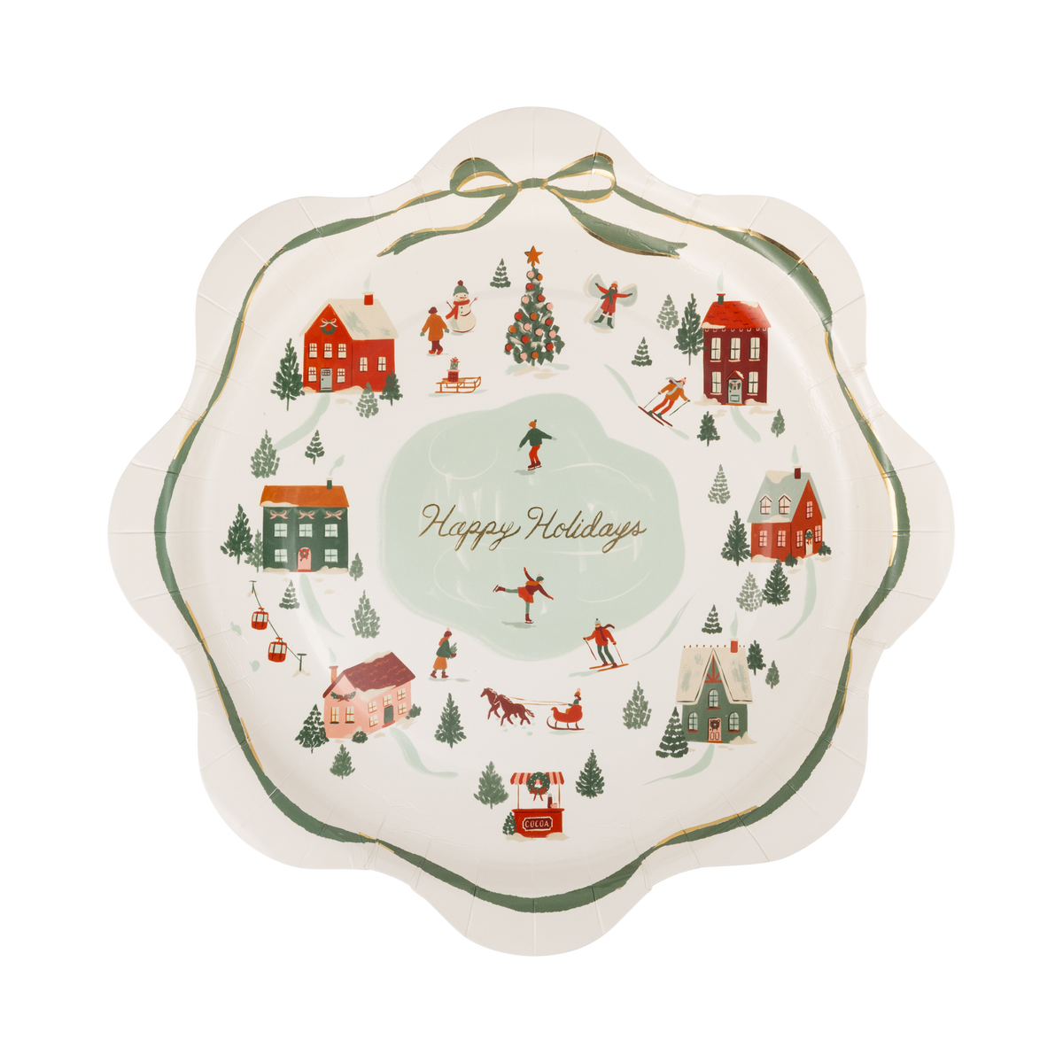 Happy Holidays village paper salad plate with a Christmas icon illustration and gold foil