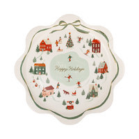 Happy Holidays village paper salad plate with a Christmas icon illustration and gold foil