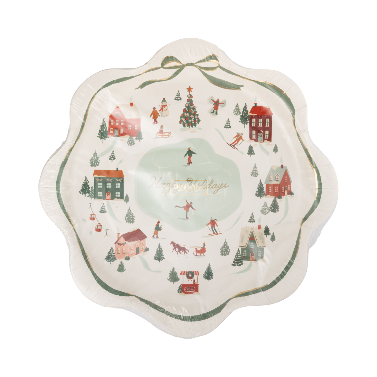 Happy Holidays village salad plate showing the center design and wavy cream and green edge