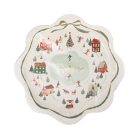 Happy Holidays village salad plate showing the center design and wavy cream and green edge