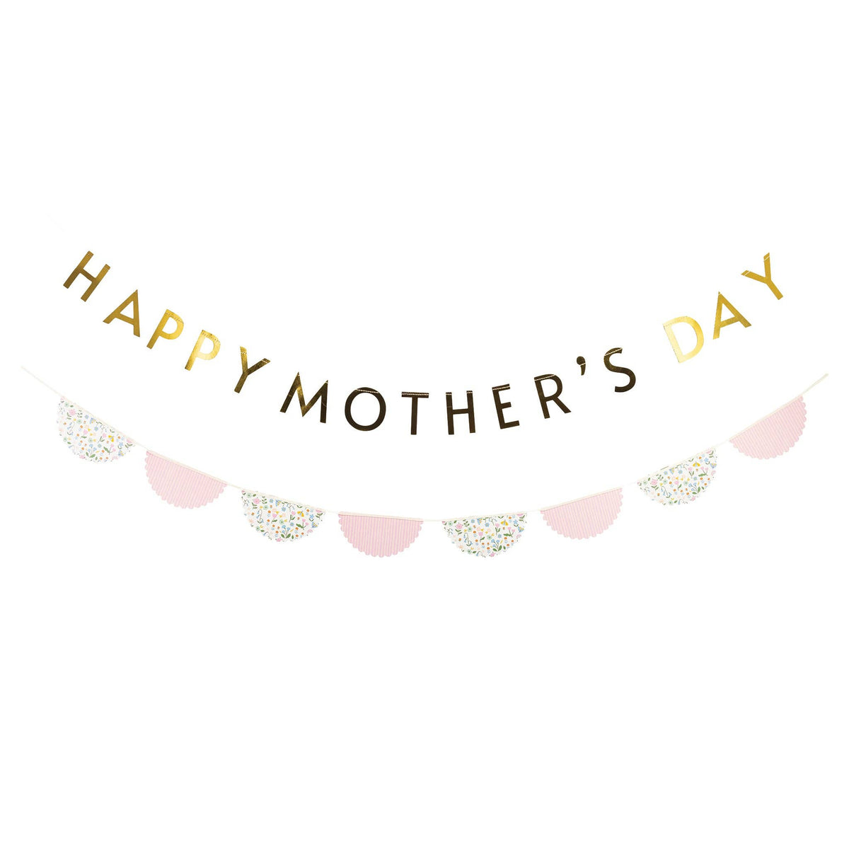 Gold Happy Mother’s Day banner with floral and pink scallop bunting on white background