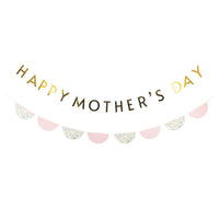 Gold Happy Mother’s Day banner with floral and pink scallop bunting on white background