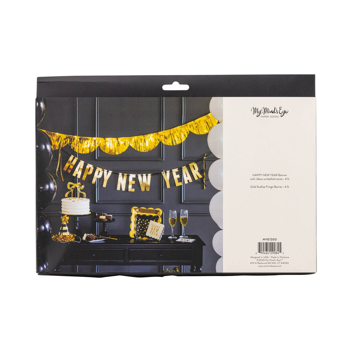 Back of packaging showing banner details and styled party setup