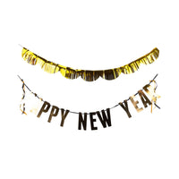 Happy New Year banner set with gold fringe and gold letter garland