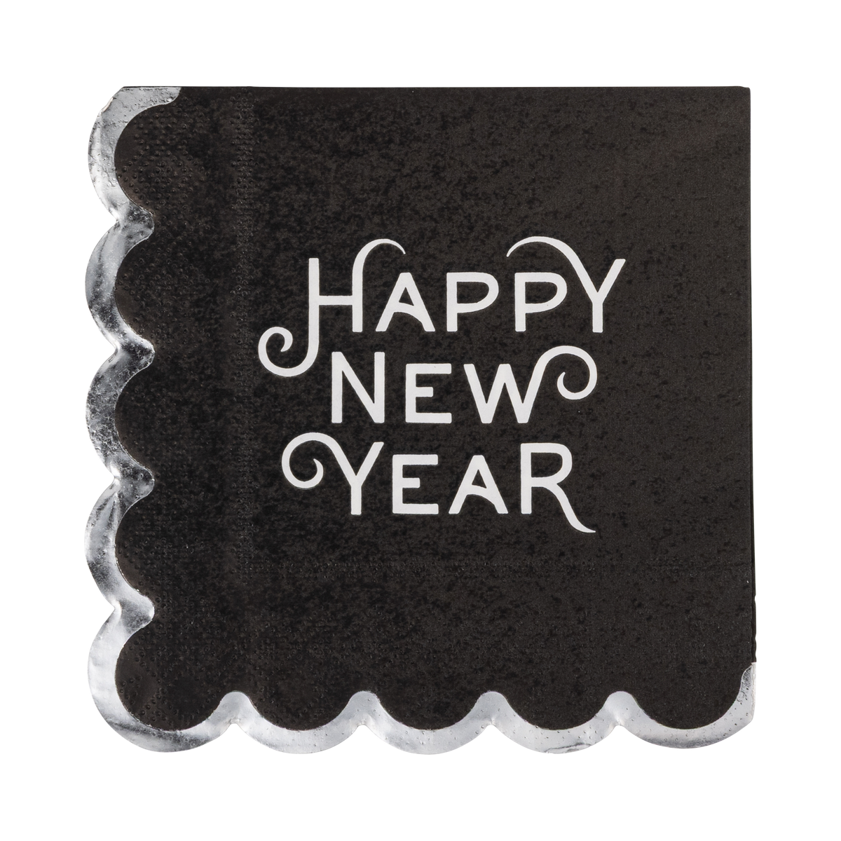 Black Happy New Year paper cocktail napkin with cream and silver lettering and a silver foil scalloped edge