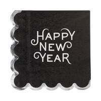 Black Happy New Year paper cocktail napkin with cream and silver lettering and a silver foil scalloped edge