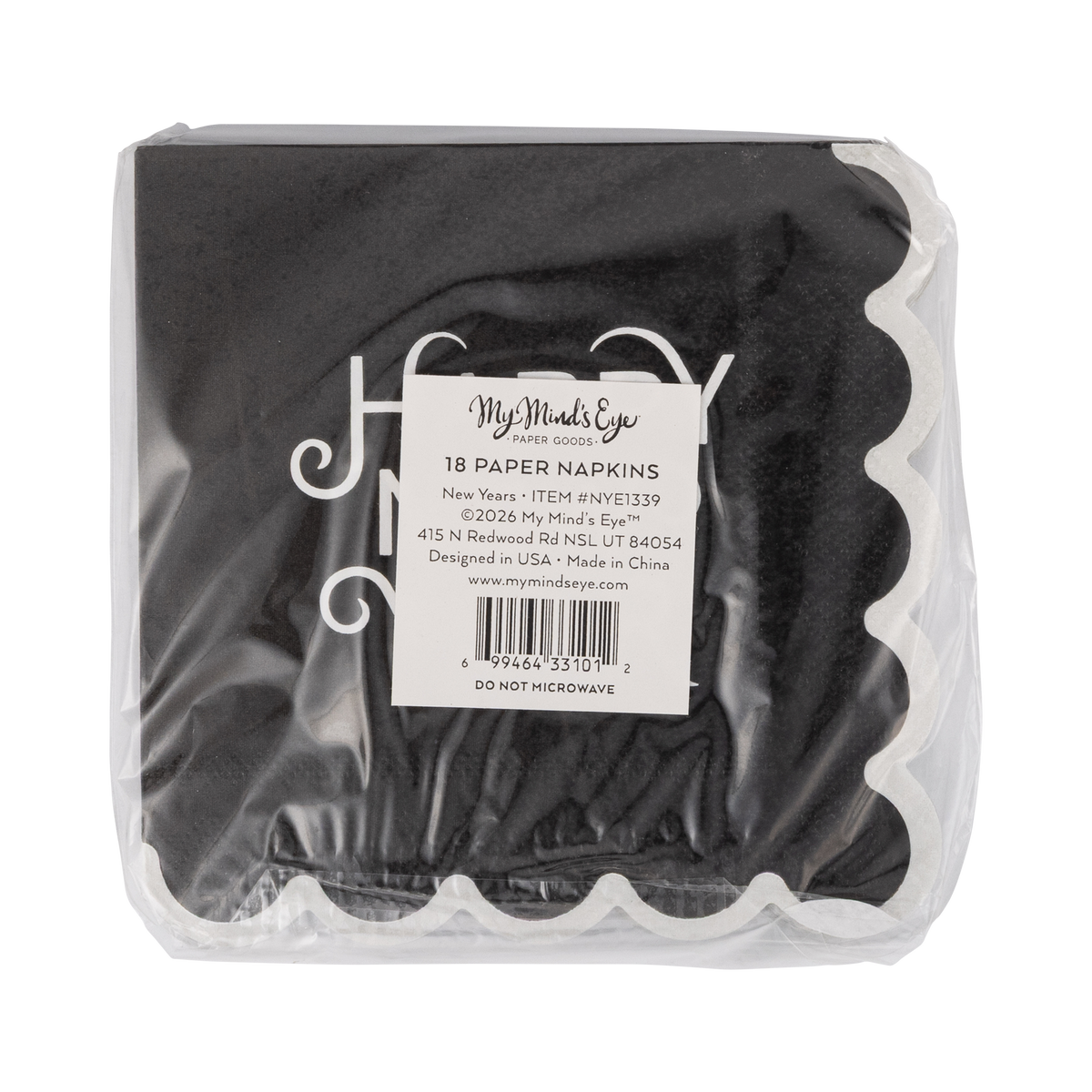 Black Happy New Year cocktail napkins shown in back packaging