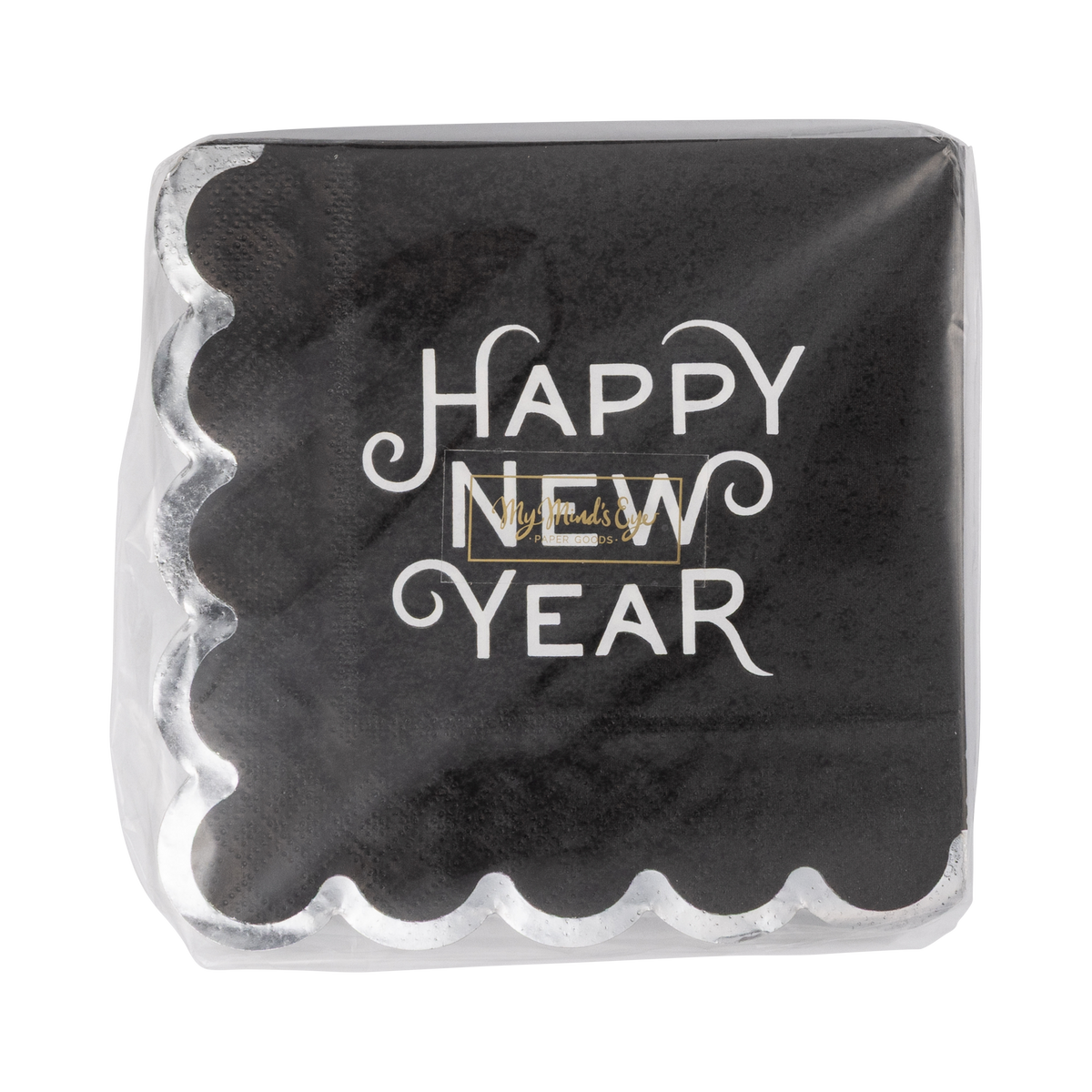 Black Happy New Year cocktail napkins shown in front packaging