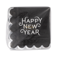 Black Happy New Year cocktail napkins shown in front packaging