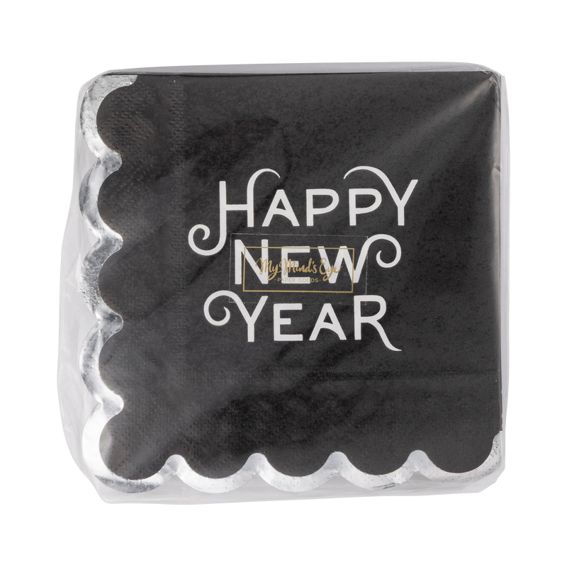 Black Happy New Year cocktail napkins shown in front packaging