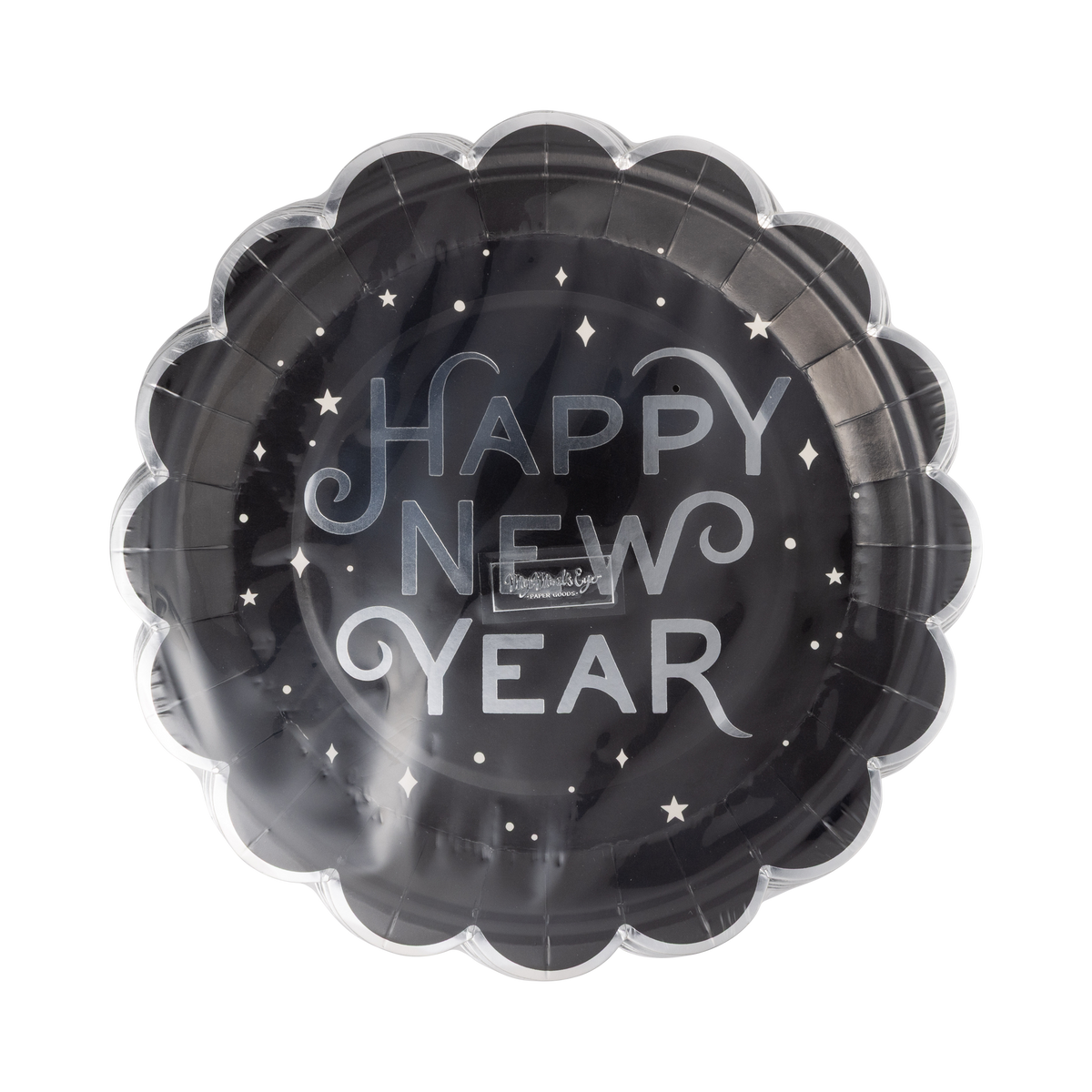 Angled view of the black Happy New Year silver foil dinner plate
