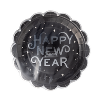 Angled view of the black Happy New Year silver foil dinner plate