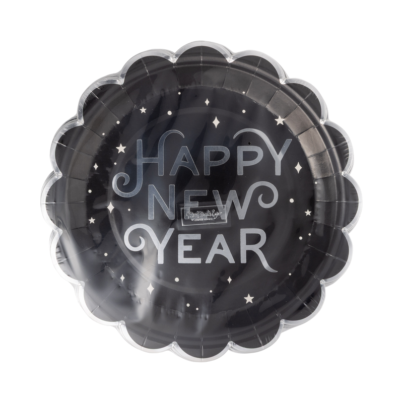 Angled view of the black Happy New Year silver foil dinner plate