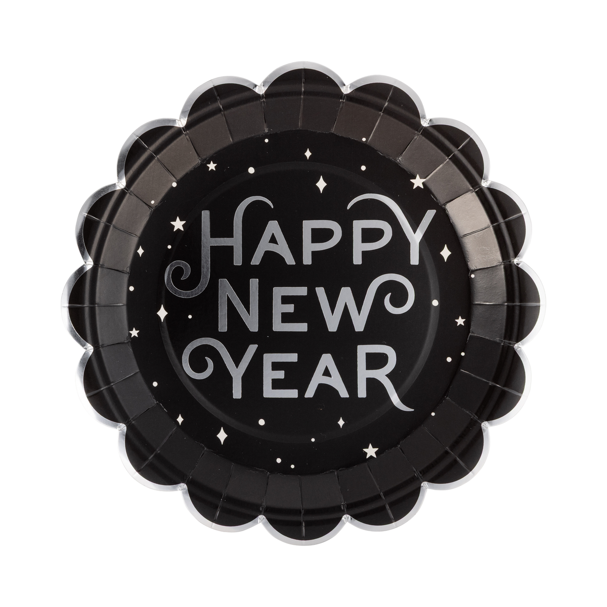 Black paper dinner plate with a silver foil HAPPY NEW YEAR design and silver foil scalloped edge