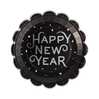 Black paper dinner plate with a silver foil HAPPY NEW YEAR design and silver foil scalloped edge