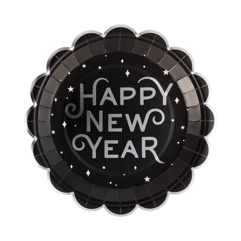 Black paper dinner plate with a silver foil HAPPY NEW YEAR design and silver foil scalloped edge