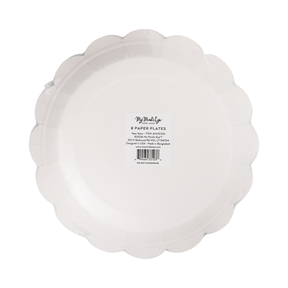 Black Happy New Year paper dinner plates shown in back packaging