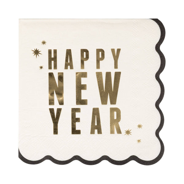 Happy New Year cocktail napkin with gold foil lettering and scalloped black border