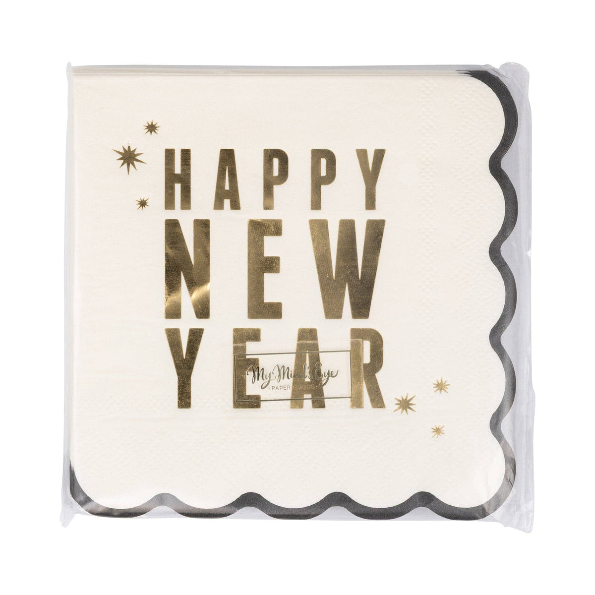 Packaged Happy New Year cocktail napkins with gold foil text