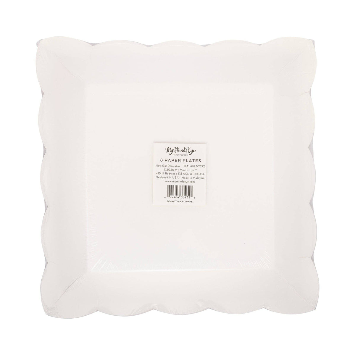 Back view of red and gold Happy New Year square paper plate with scalloped edges and gold foil detailing packaging