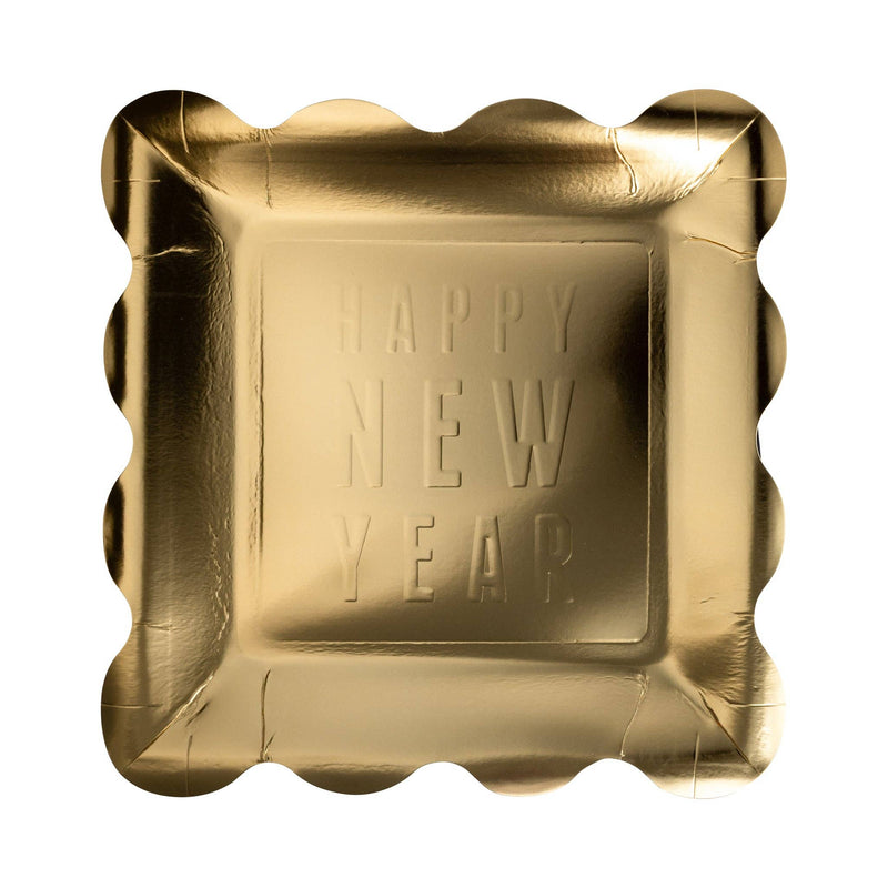 Gold scalloped Happy New Year embossed square plate