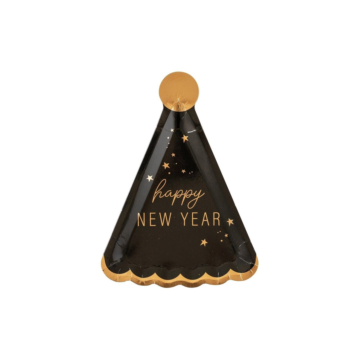 Close-up of gold foil Happy New Year lettering on a black hat shaped plate