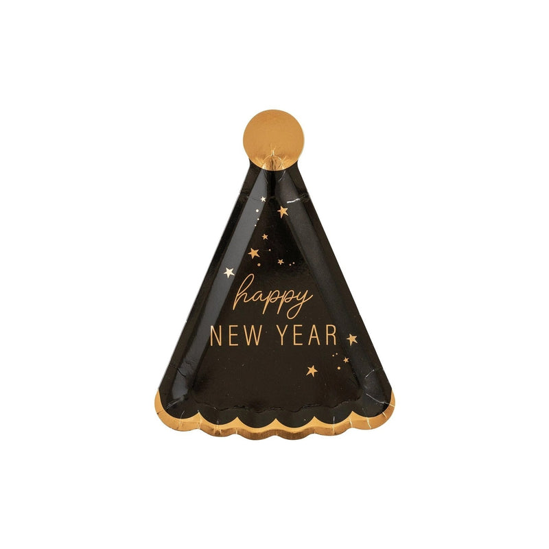 Close-up of gold foil Happy New Year lettering on a black hat shaped plate
