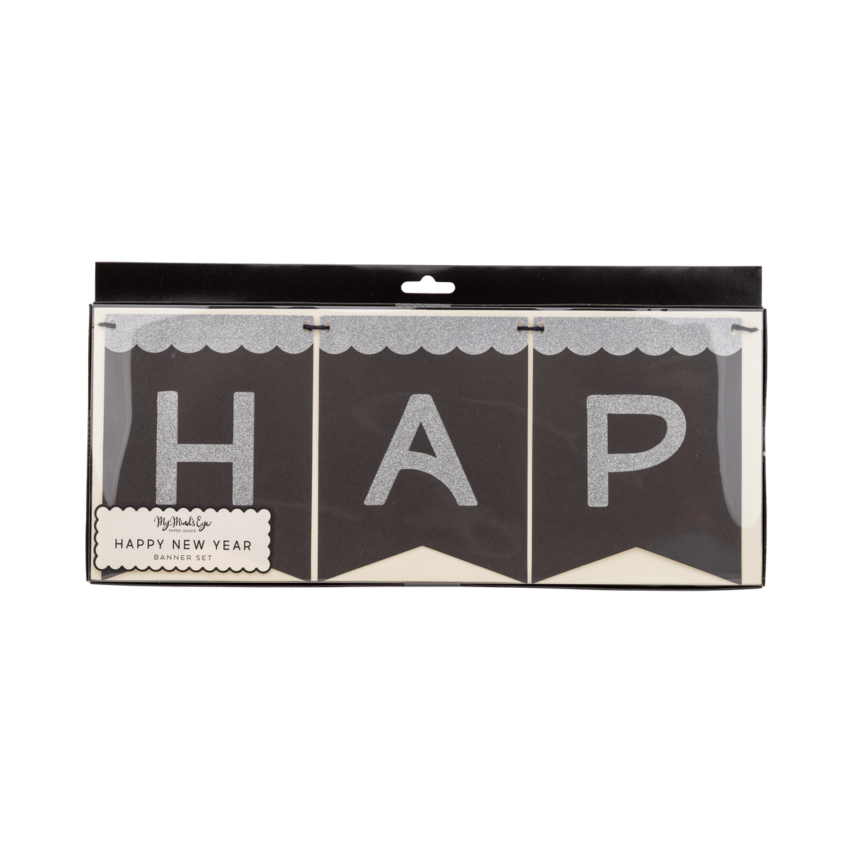 Silver glitter Happy New Year paper banner shown in front packaging