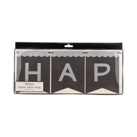 Silver glitter Happy New Year paper banner shown in front packaging