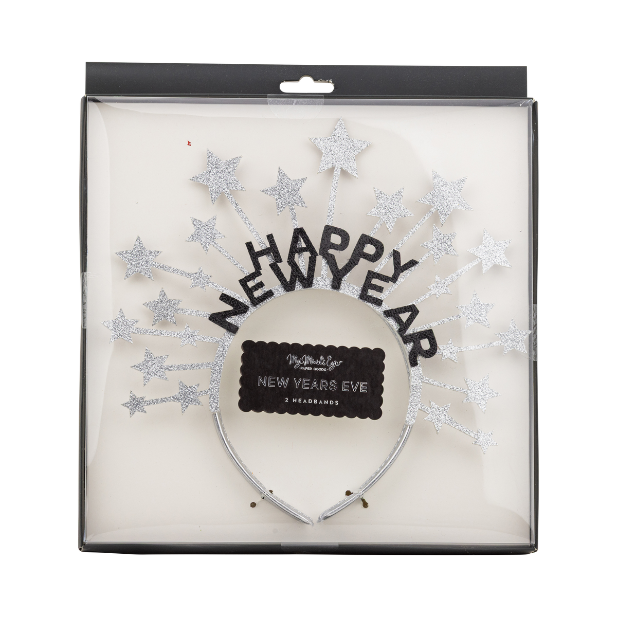 Silver glitter Happy New Year star headband shown in front packaging