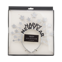 Silver glitter Happy New Year star headband shown in front packaging