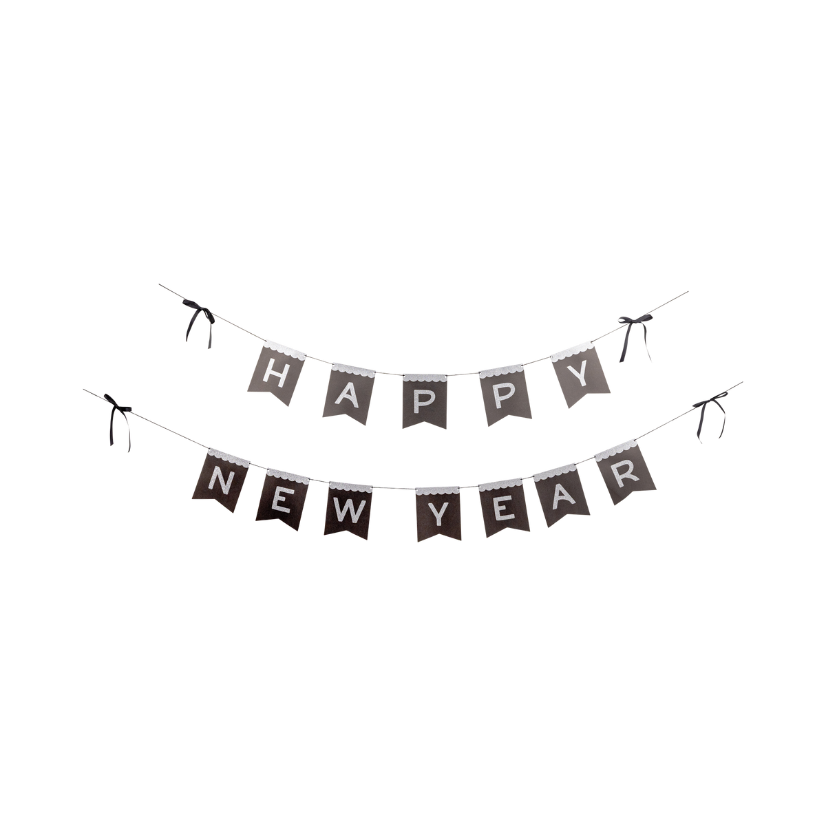 Silver glitter Happy New Year black paper banner laid out flat