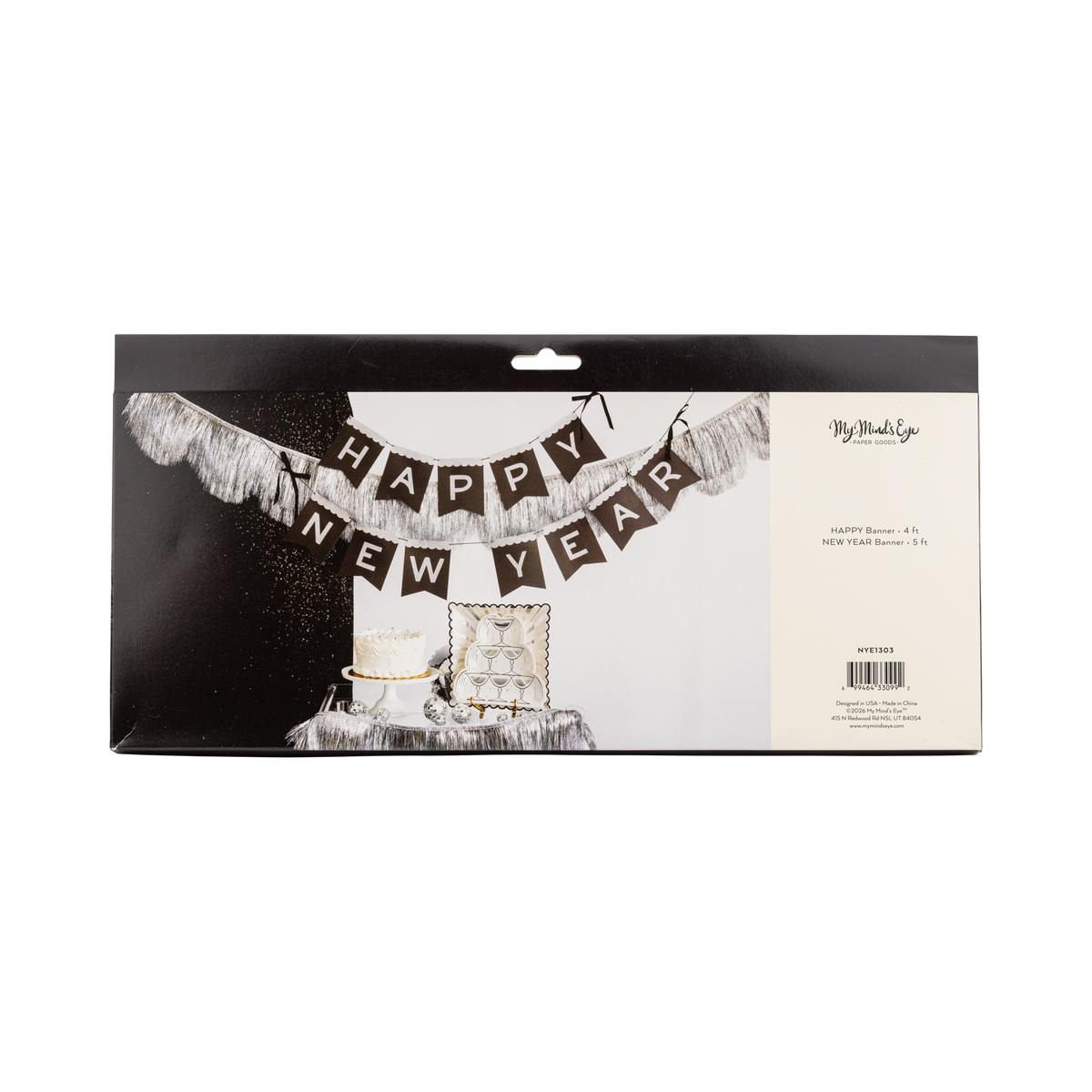 Silver glitter Happy New Year paper banner shown in back packaging