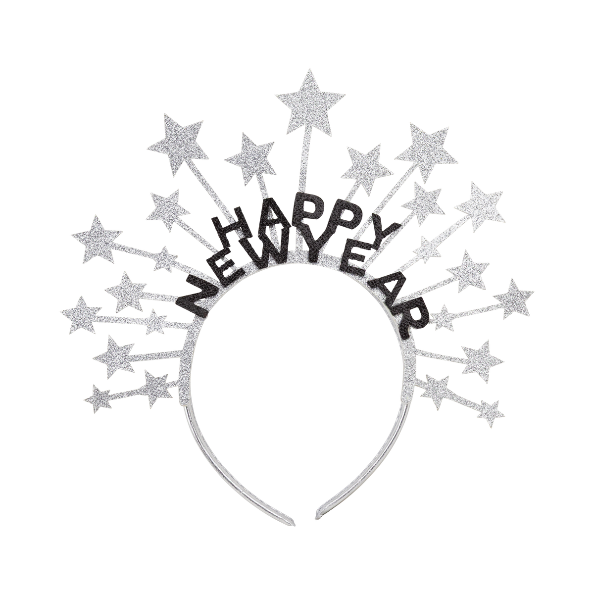 Silver glitter Happy New Year star headband with black and silver glitter stars