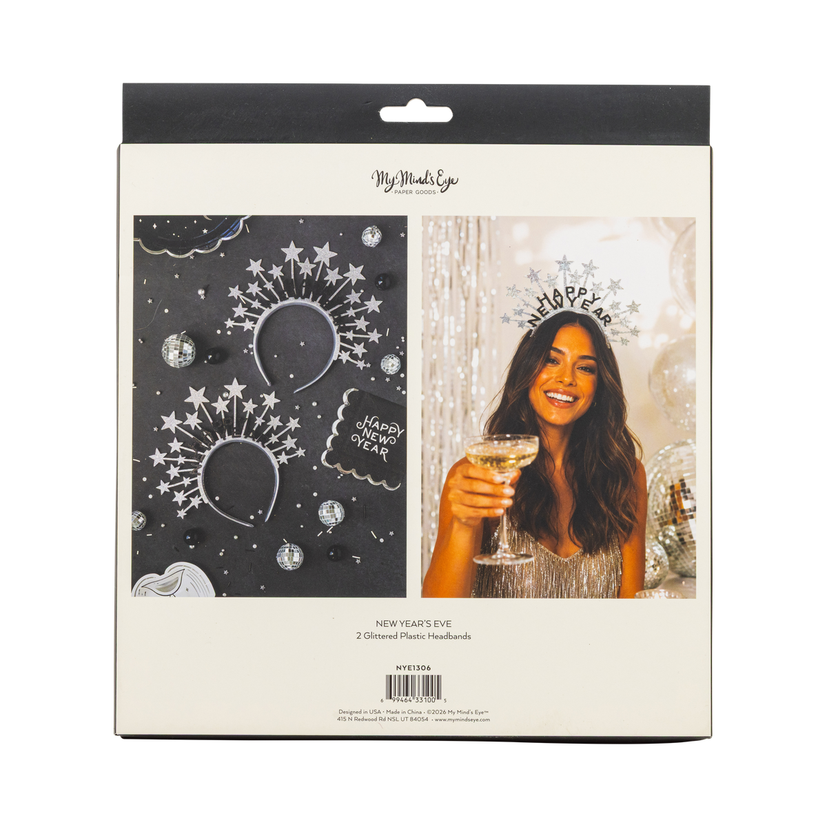Silver glitter Happy New Year star headbands shown in back packaging with model photo
