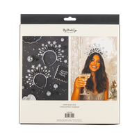 Silver glitter Happy New Year star headbands shown in back packaging with model photo